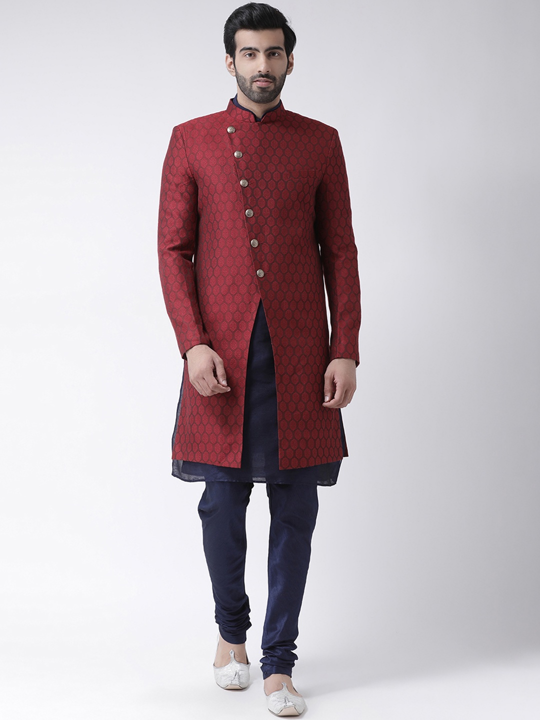

KISAH Men Self-Design Banarasi Jacquard Cotton-Silk Indowestern Sherwani Set, Maroon