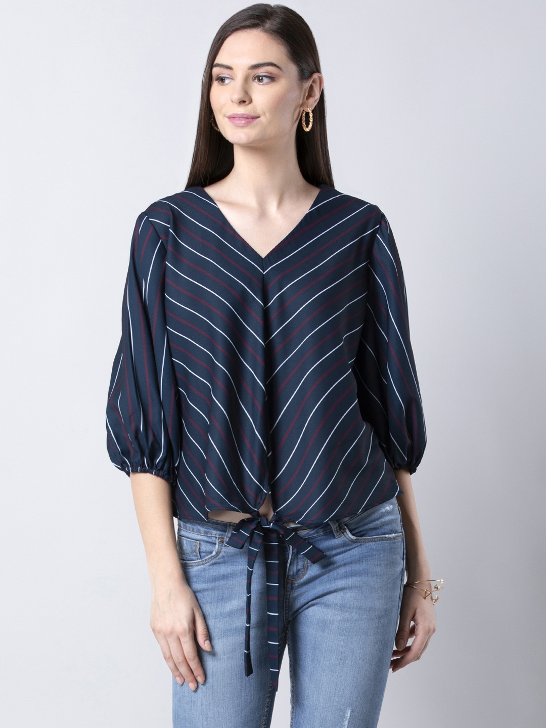 

FabAlley Women Navy Blue Striped Top