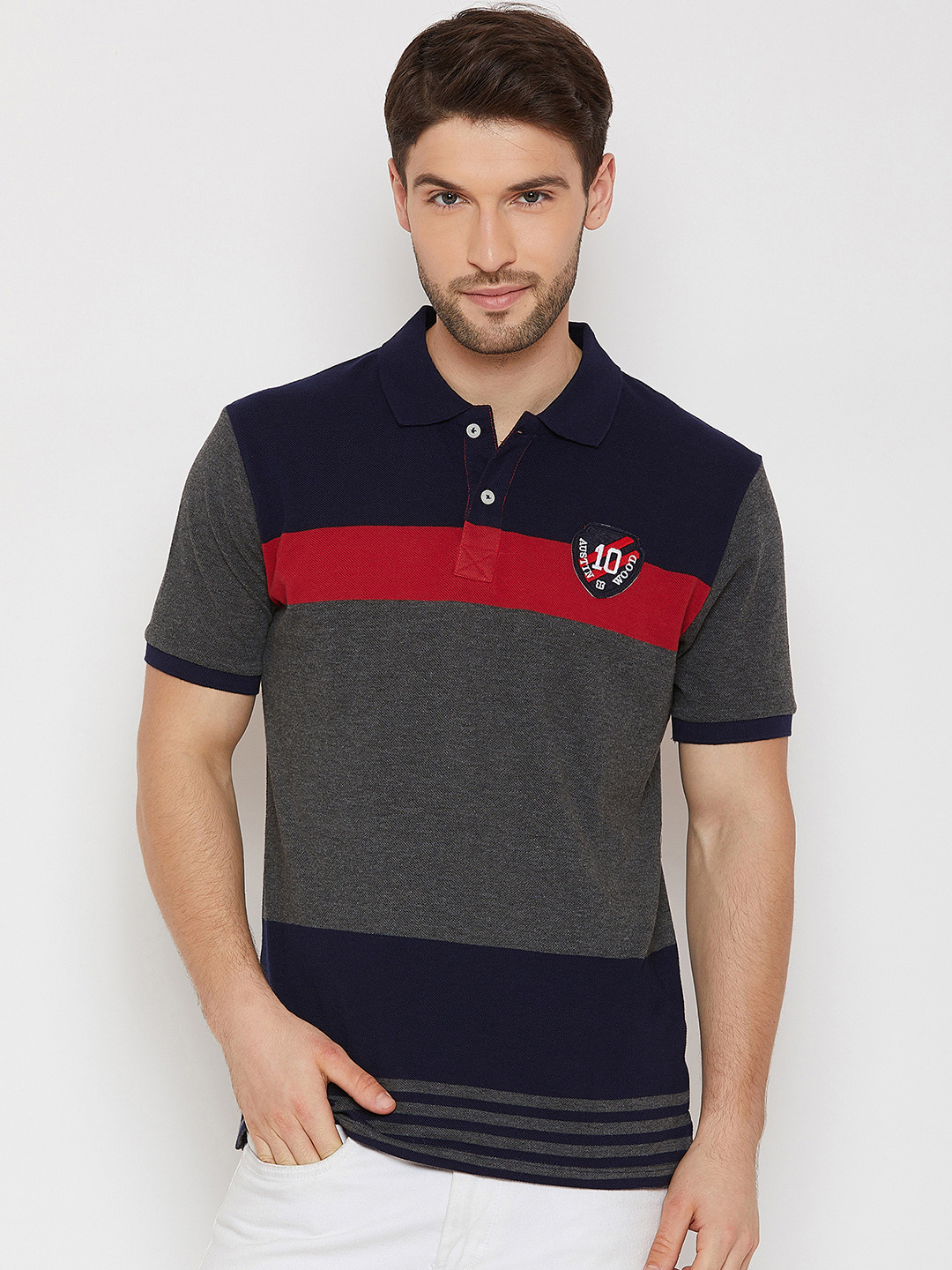

Austin wood Men Navy Blue & Grey Striped Polo Collar T-shirt