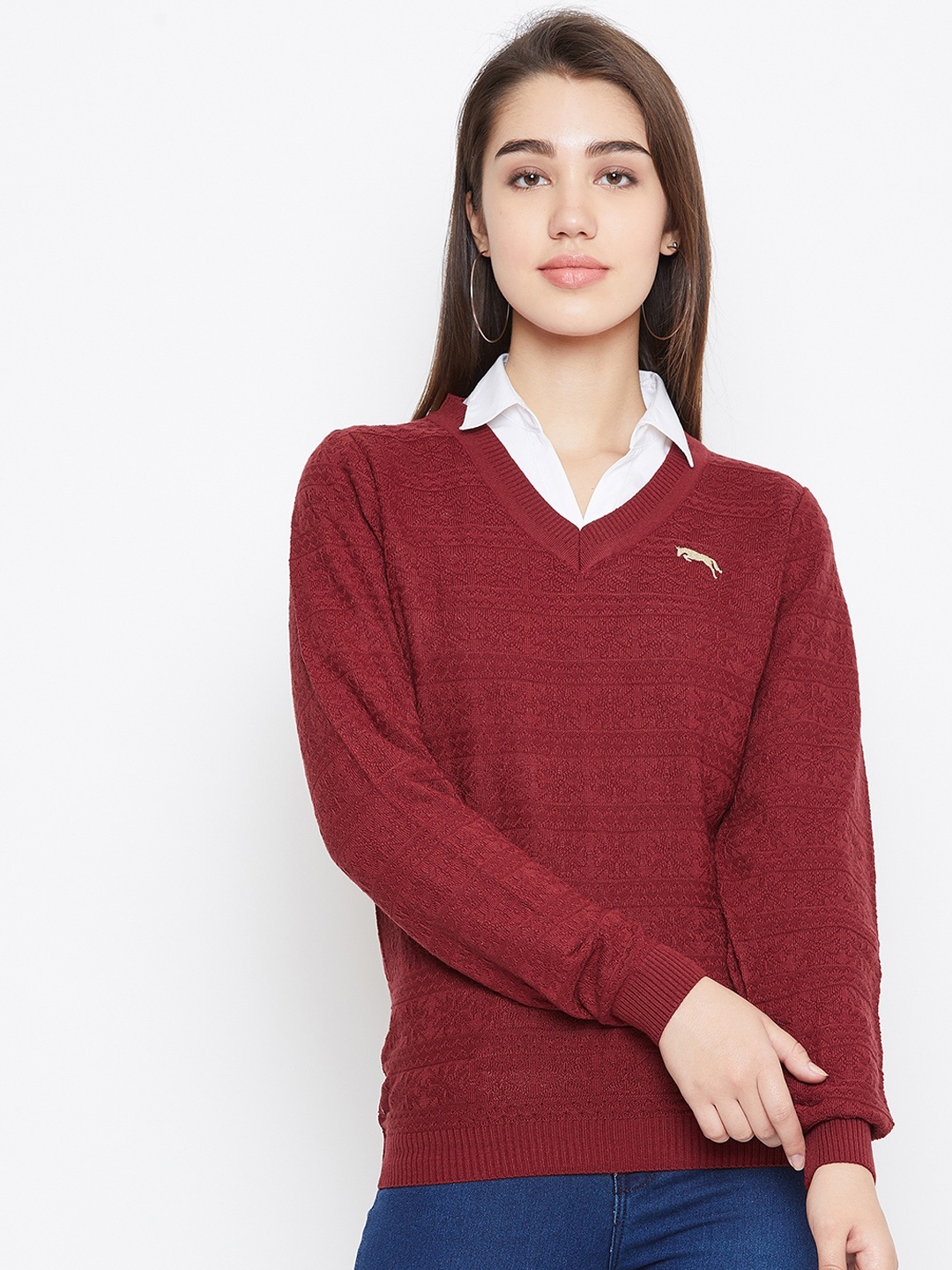 JUMP USA Women Red Self Design Acrylic Pullover Sweater