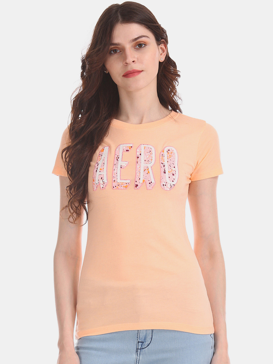 

Aeropostale Women Peach-Coloured Printed Round Neck T-shirt