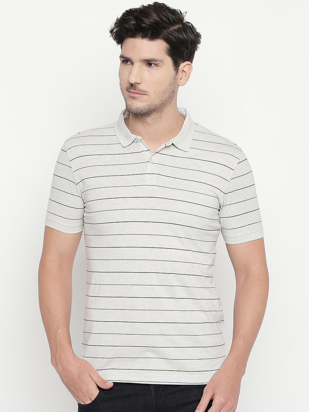 

BYFORD by Pantaloons Men Grey & Blue Striped Polo Collar T-shirt