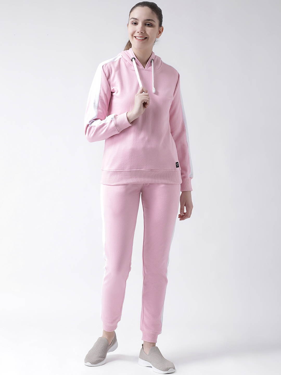 

GRIFFEL Women Pink & White Solid Hooded Tracksuit
