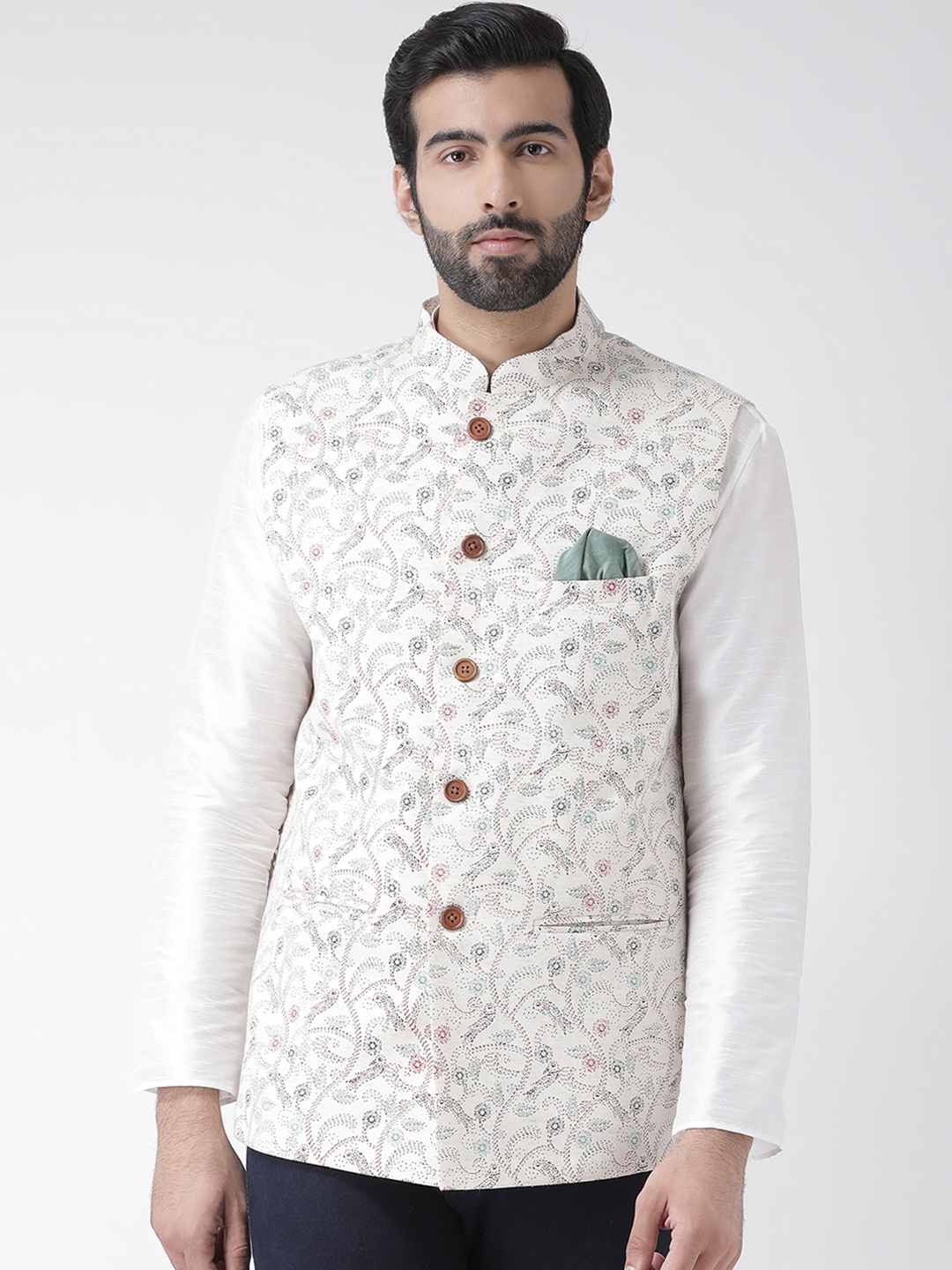 

KISAH Men Cream-Coloured & Red Printed Pure Cotton Nehru Jacket