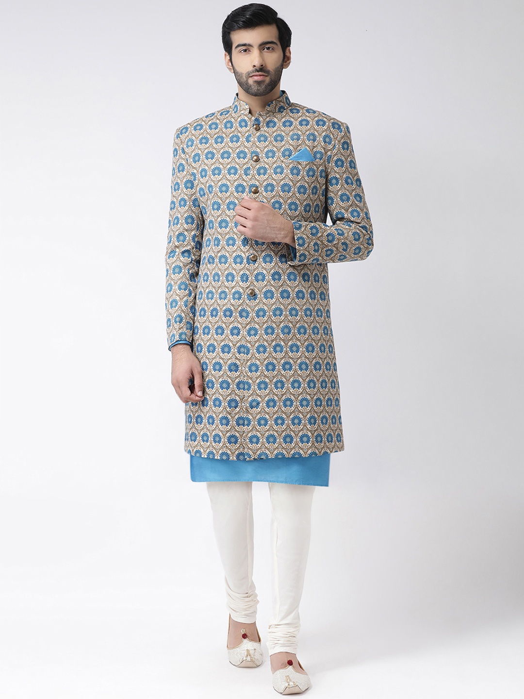 

KISAH Men Blue & Beige Printed Cotton Indowestern Sherwani Set