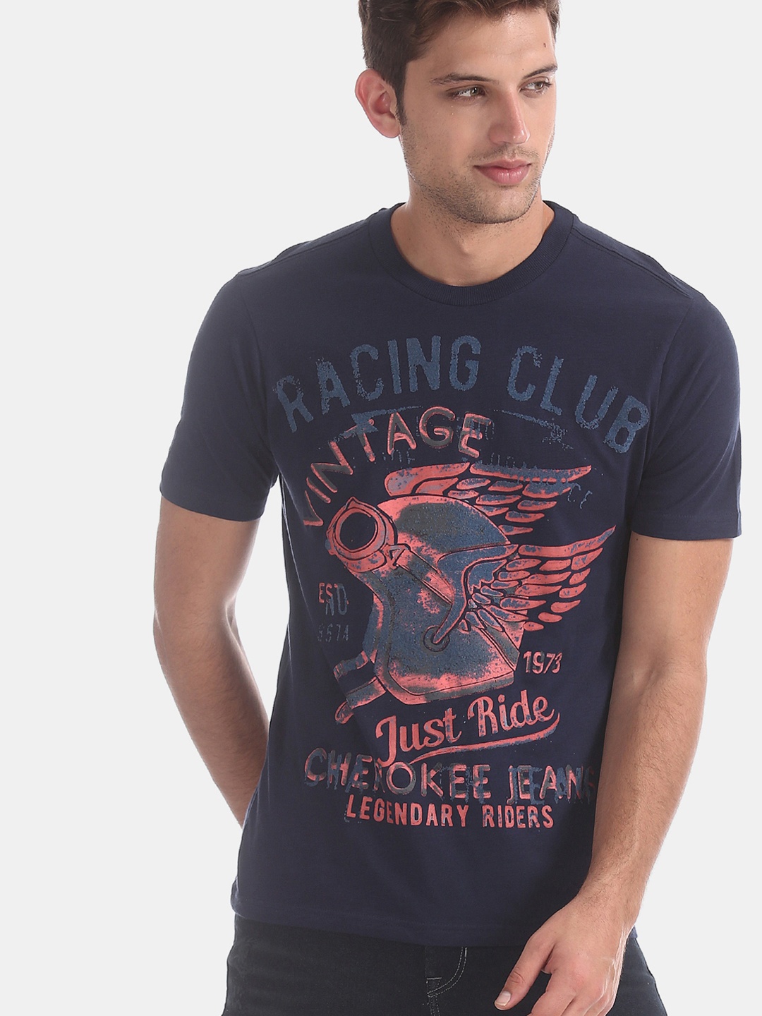 

Cherokee Men Navy Blue Printed Round Neck T-shirt