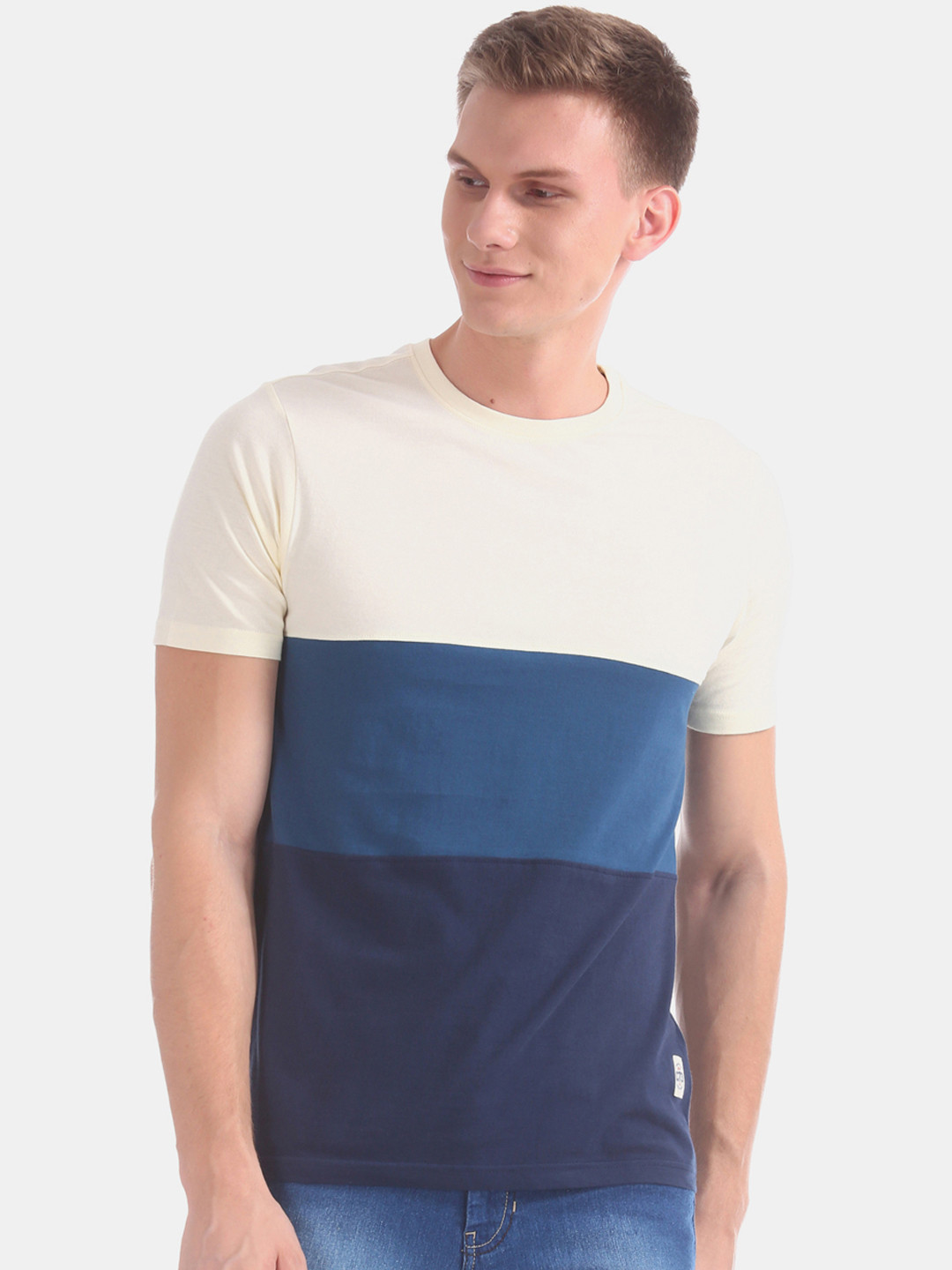 

Cherokee Men Blue Cream-Coloured Colourblocked Round Neck Pure Cotton T-shirt