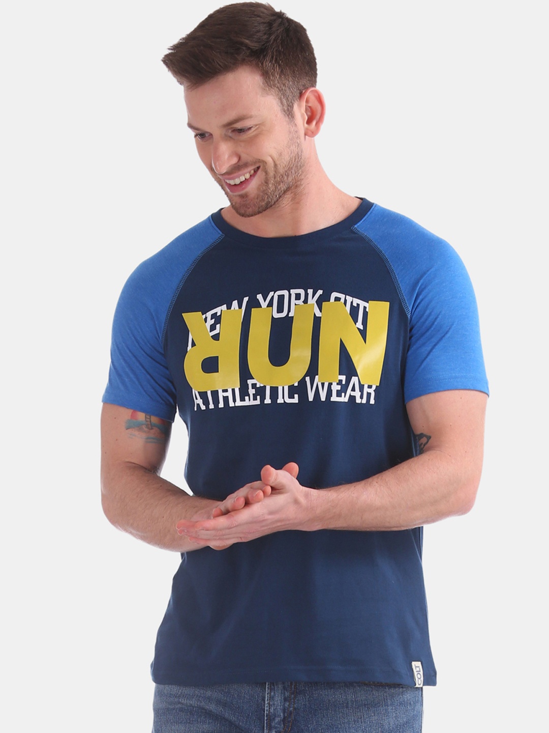 

Colt Men Blue Yellow Printed Round Neck Pure Cotton T-shirt