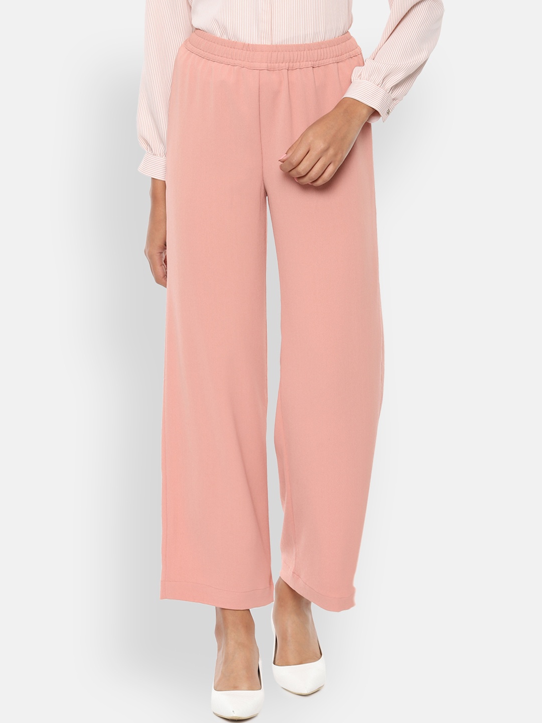 

Van Heusen Woman Peach-Coloured Solid Regular Fit Parallel Trousers