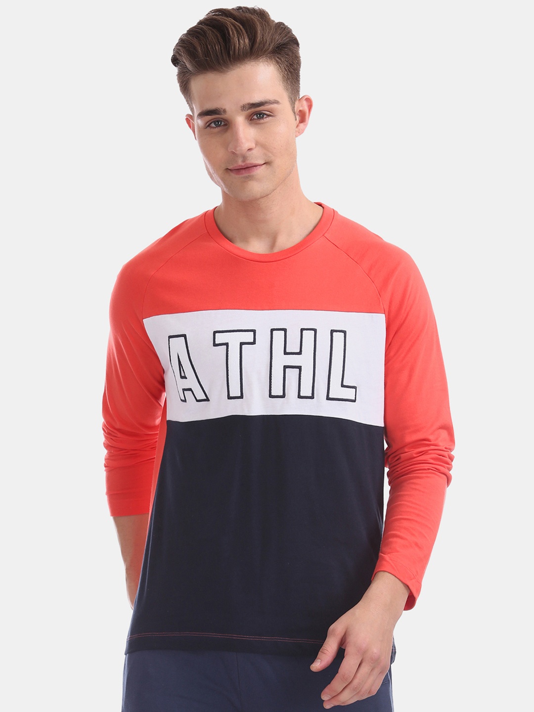 

Colt Men Coral Colourblocked Round Neck Pure Cotton T-shirt