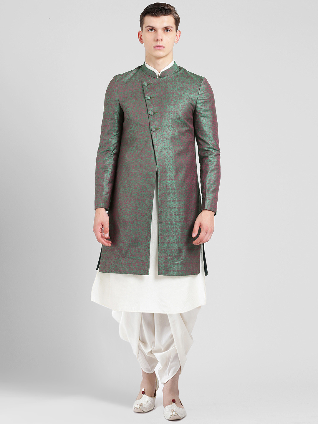 

KISAH Men Self-Design Banarasi Jacquard Cotton Silk Indowestern Sherwani Set, Green