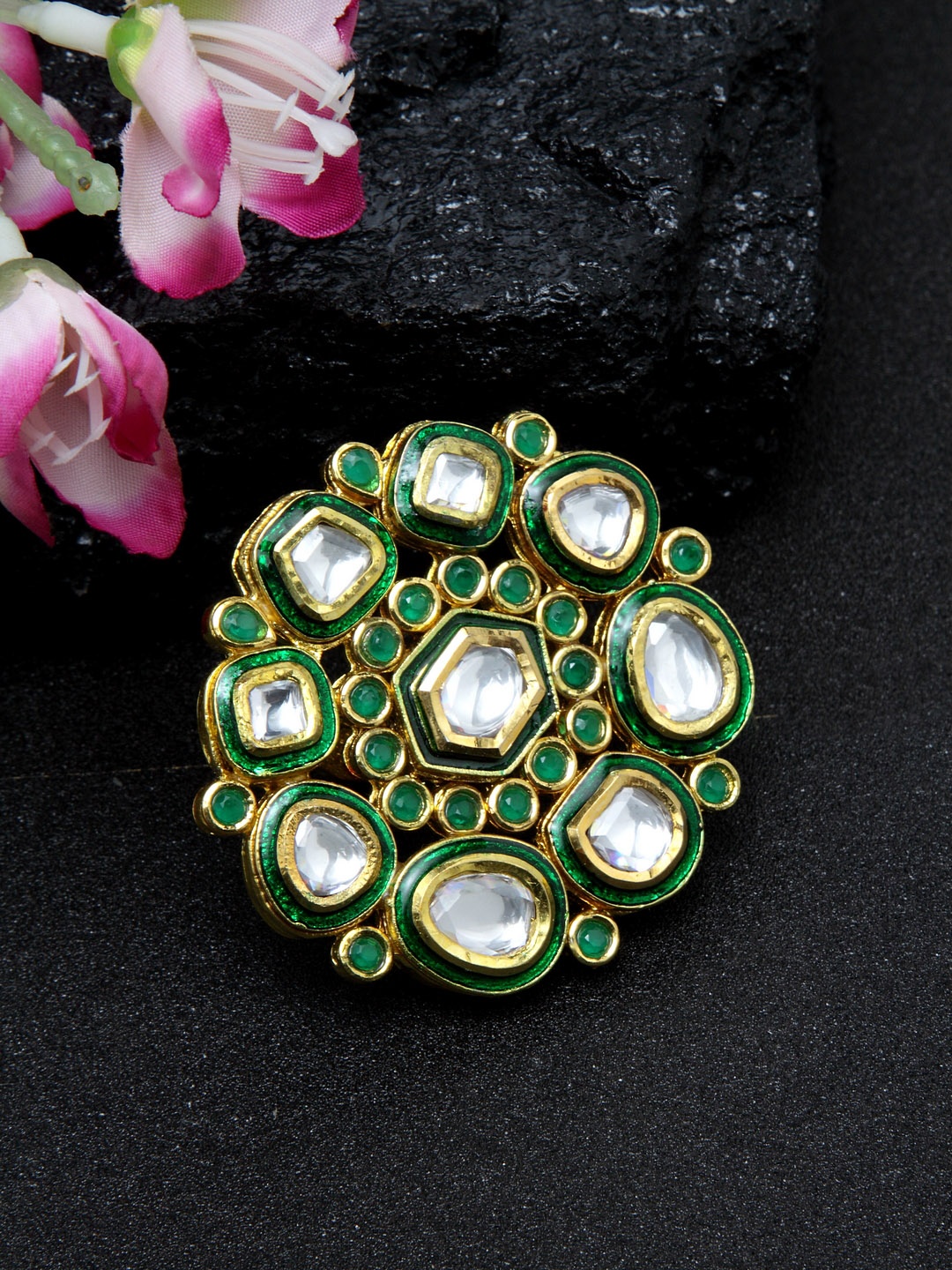 

DUGRISTYLE Green Gold-Plated Kundan Studded Adjustable Handcrafted Finger Ring