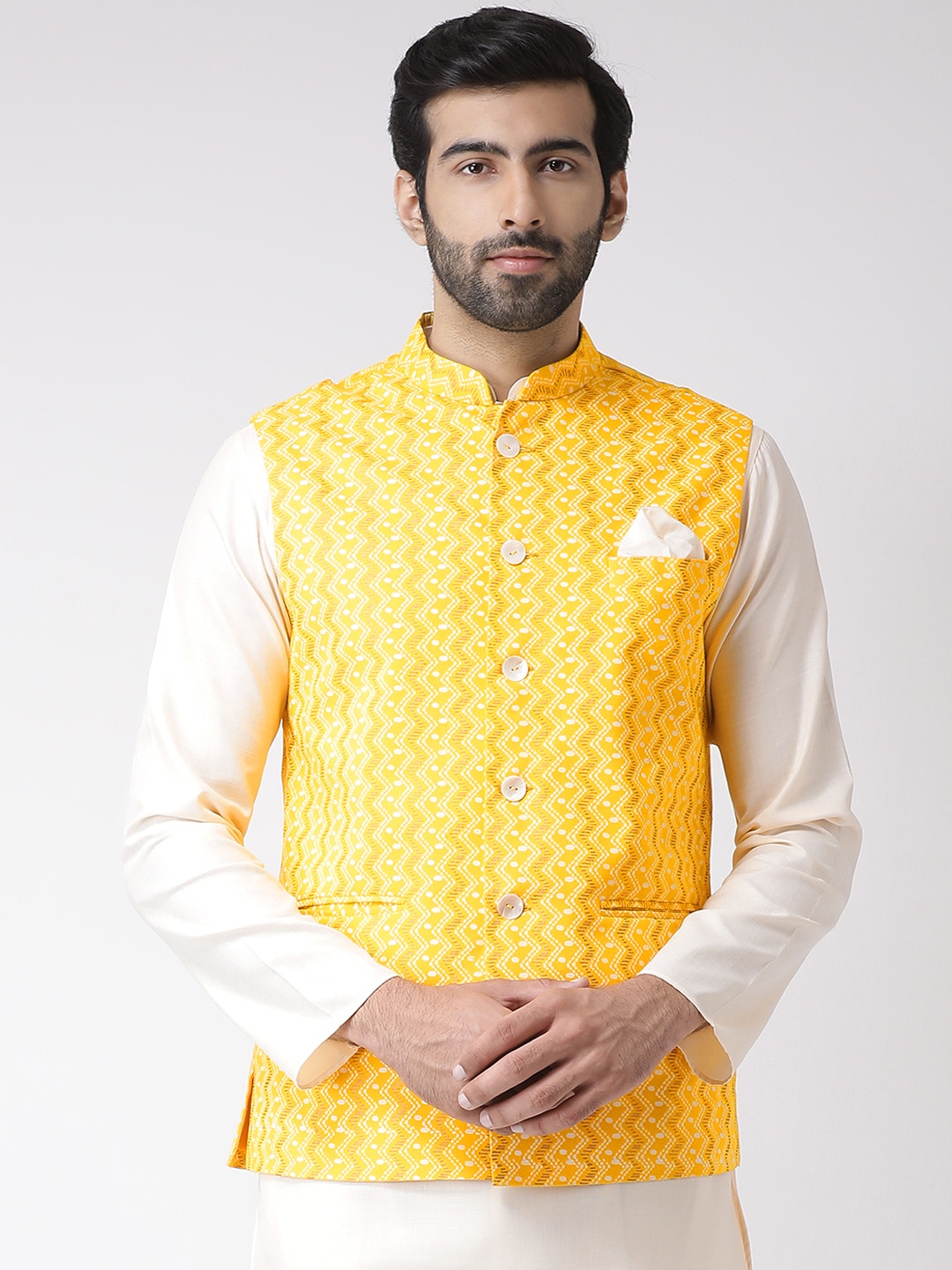 

KISAH Men Yellow & White Printed Nehru Jacket