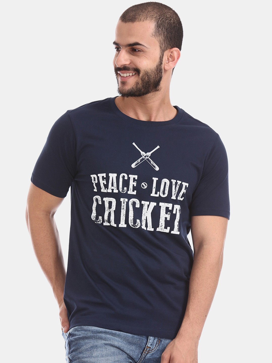 

Colt Men Navy Blue Printed Round Neck Pure Cotton T-shirt