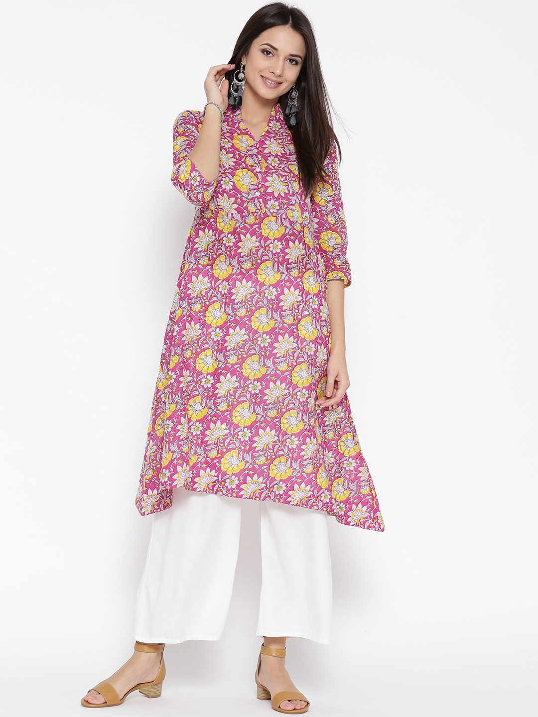 Sera Women Pink & Yellow Printed A-Line Asymmetric Kurta