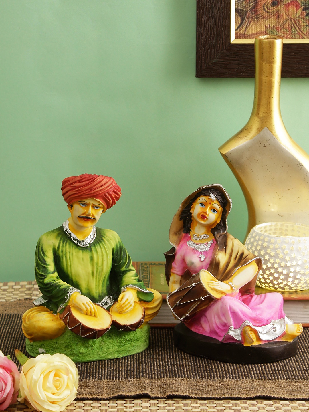 

TIED RIBBONS Set Of 2 Green & Pink Traditional Rajasthani Couple Cultural Showpieces