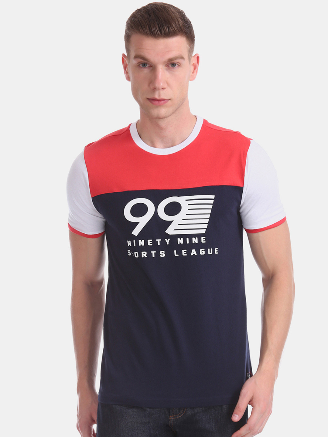 

Colt Men Navy Blue & Red Colourblocked Round Neck T-shirt