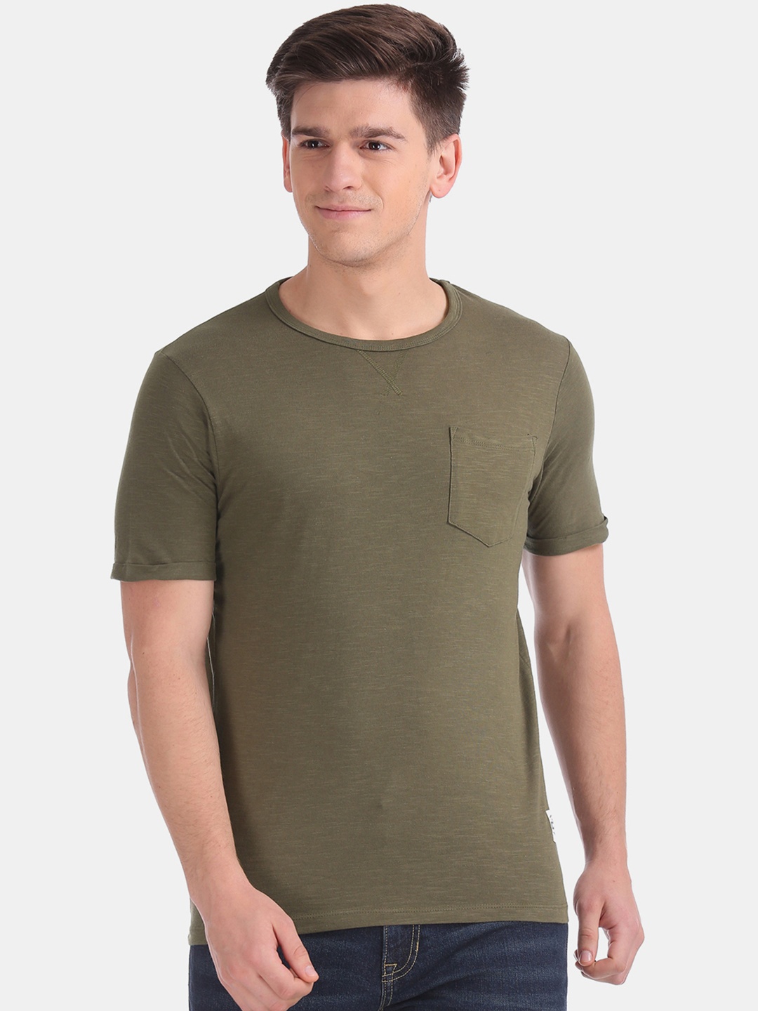 

Cherokee Men Green Solid Round Neck Pure Cotton T-shirt