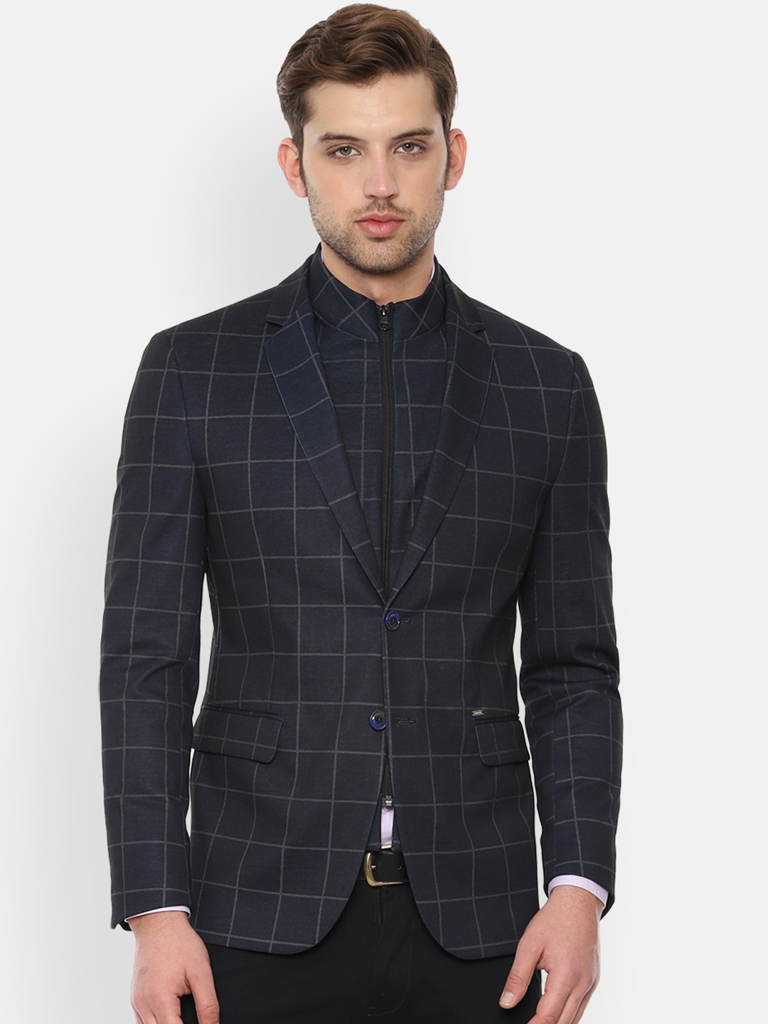 

Van Heusen Sport Men Navy Checked Slim Fit Single-Breasted Smart Casual Blazer, Navy blue