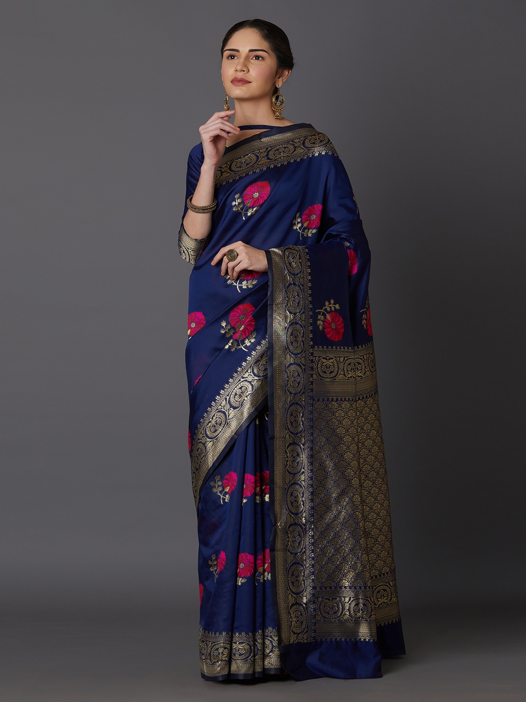 

Mitera Blue & Pink Silk Blend Woven Design Kanjeevaram Saree