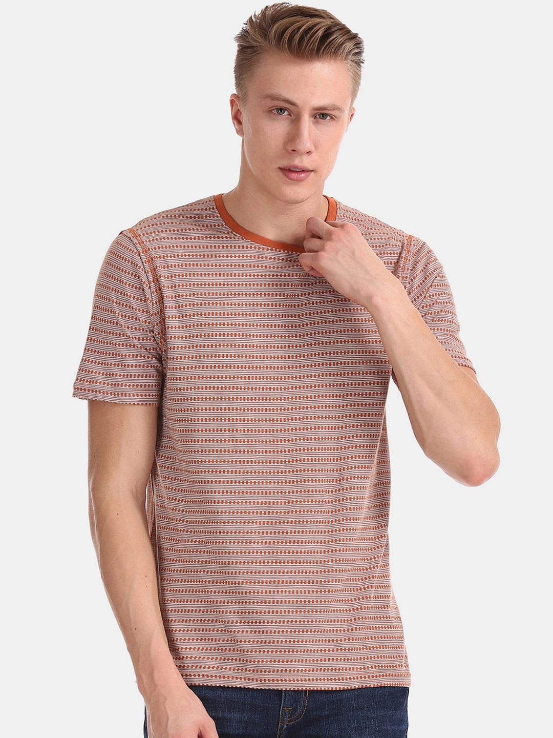 

Cherokee Men Rust Brown Striped Round Neck Pure Cotton T-shirt