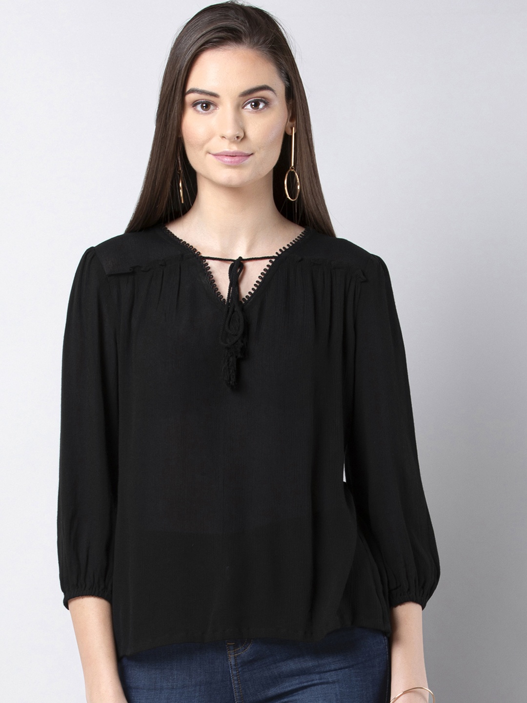 

FabAlley Women Black Solid A-Line Pure Cotton Top