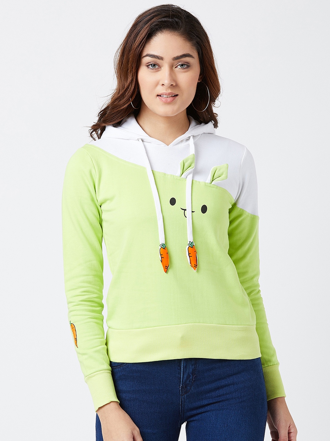 

The Dry State Women Green & White Colourblocked Hooded Sweatshirt