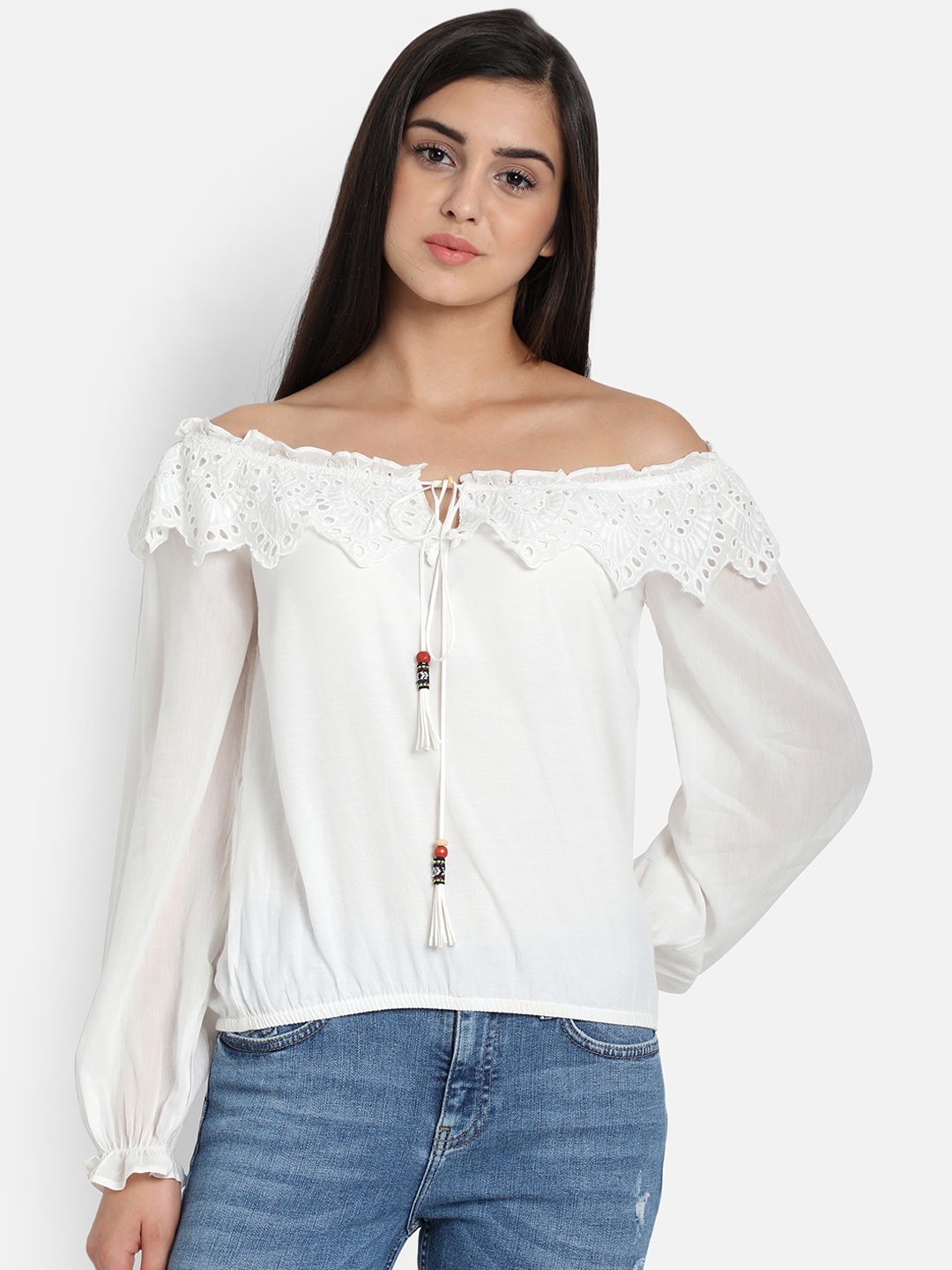 

COVER STORY Women White Self Design Bardot Top