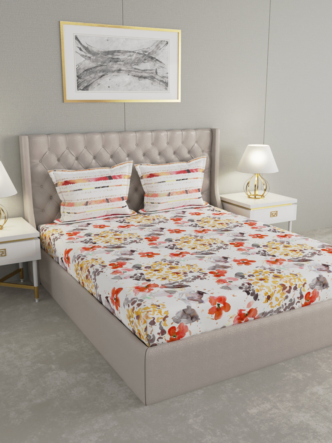 

Boutique Living India Grey & Red Abstract 144 TC Cotton 1 Queen Bedsheet with 2 Pillow Covers