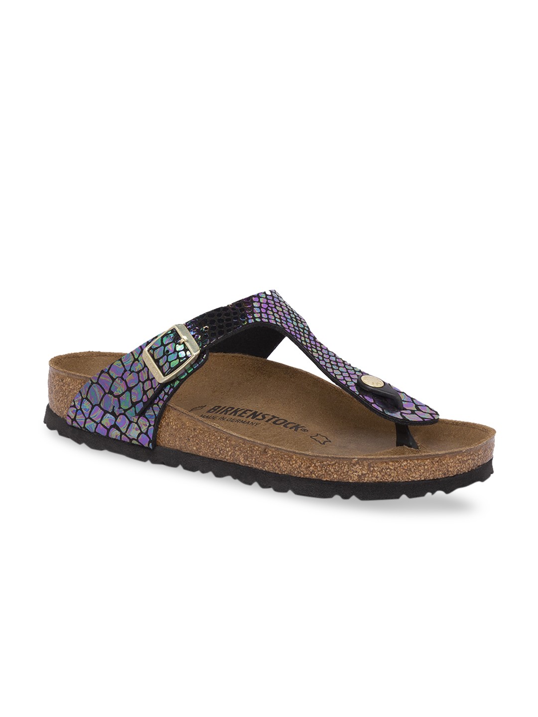 

Birkenstock Women Black Snake Print Gizeh Birko-Flor T-Strap Regular Width Flats