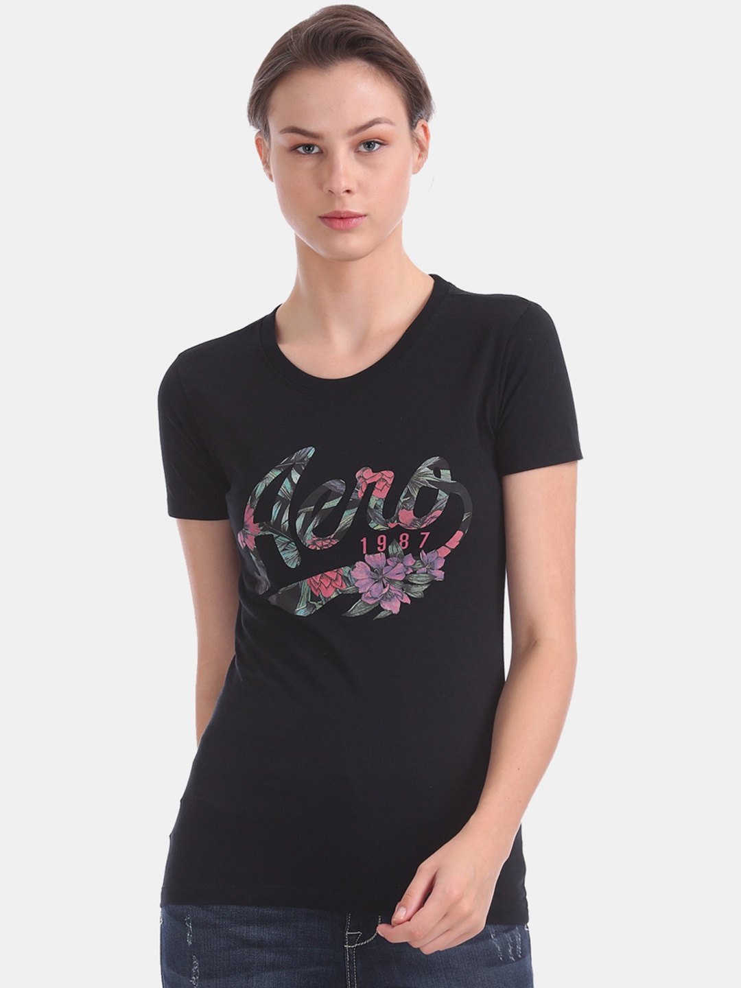 

Aeropostale Women Black Green Printed Round Neck Pure Cotton T-shirt