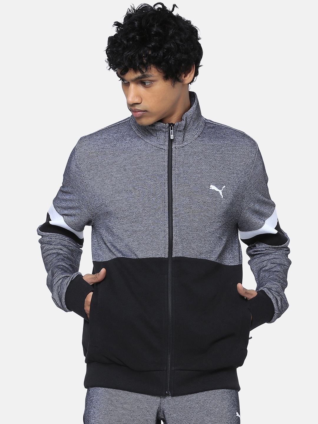 Puma Men Black & Grey Stylized Sweat Colourblocked Sporty Track Jacket