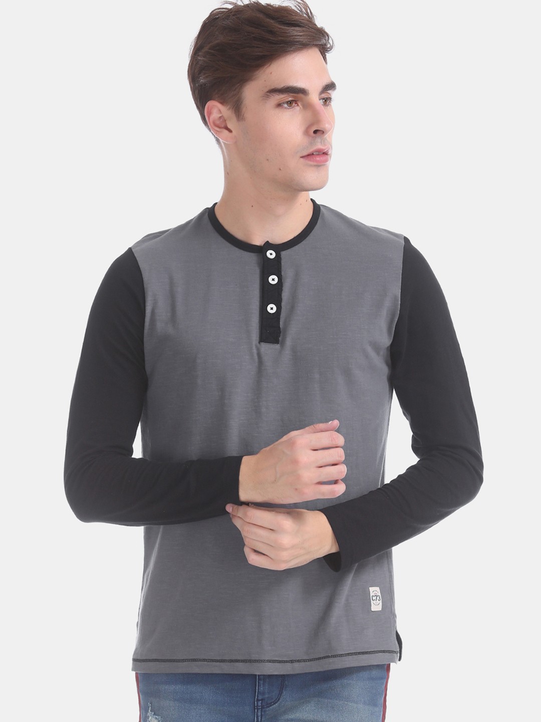 

Cherokee Men Grey Printed Henley Neck Pure Cotton T-shirt