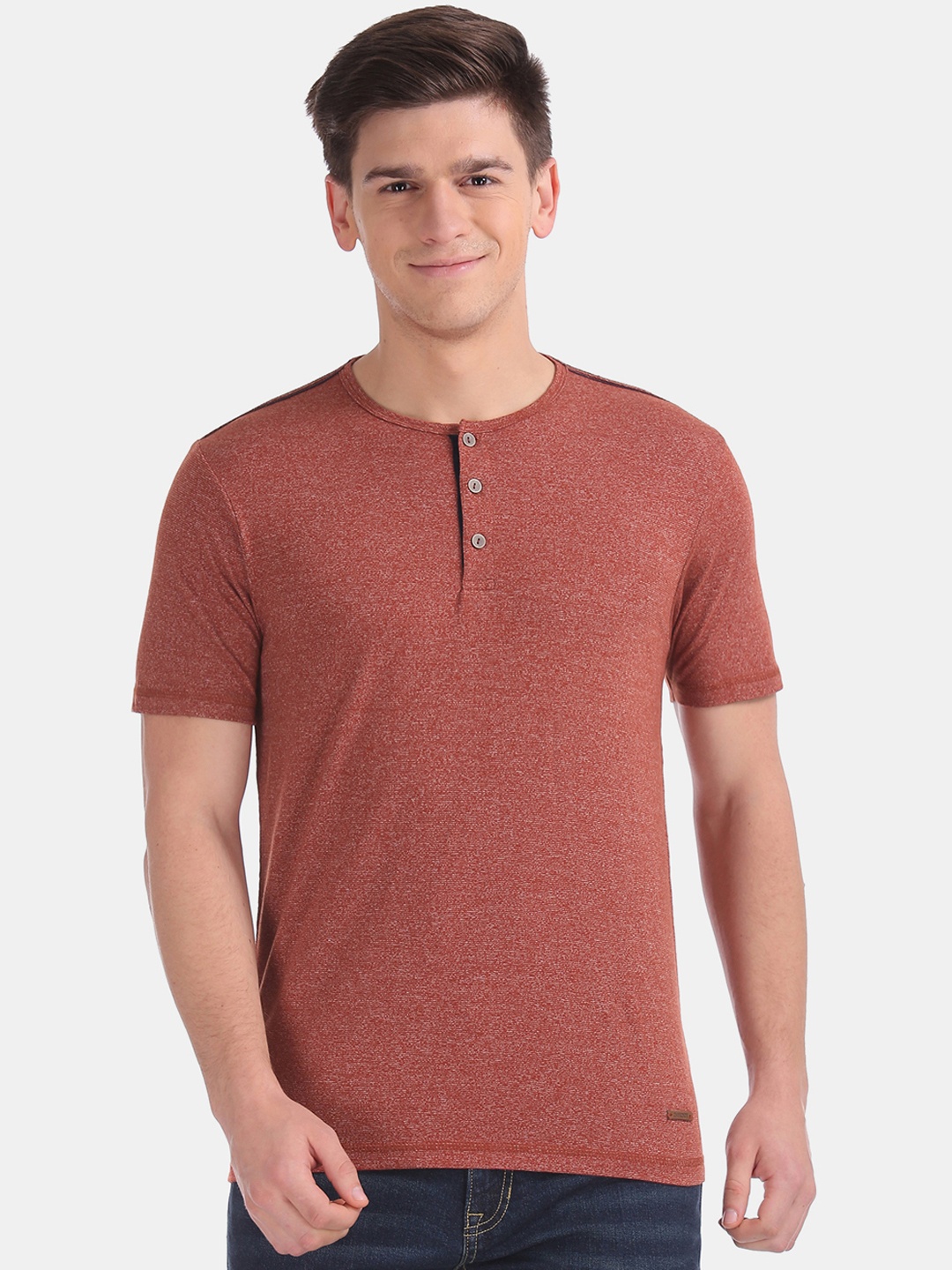 

Cherokee Men Rust Orange Self Design Henley Neck Pure Cotton T-shirt