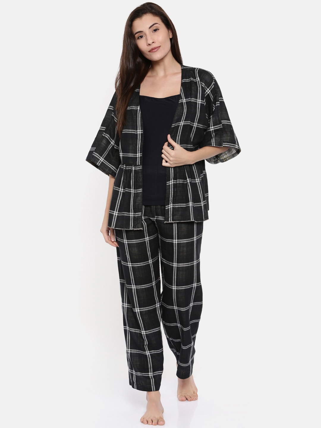 

The Kaftan Company Women White & Black Checked Night suit
