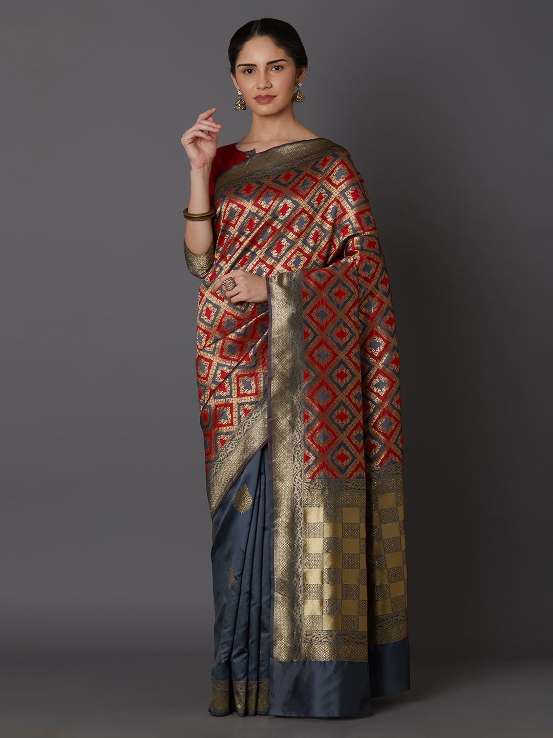 

Mitera Grey & Red Silk Blend Woven Design Kanjeevaram Saree