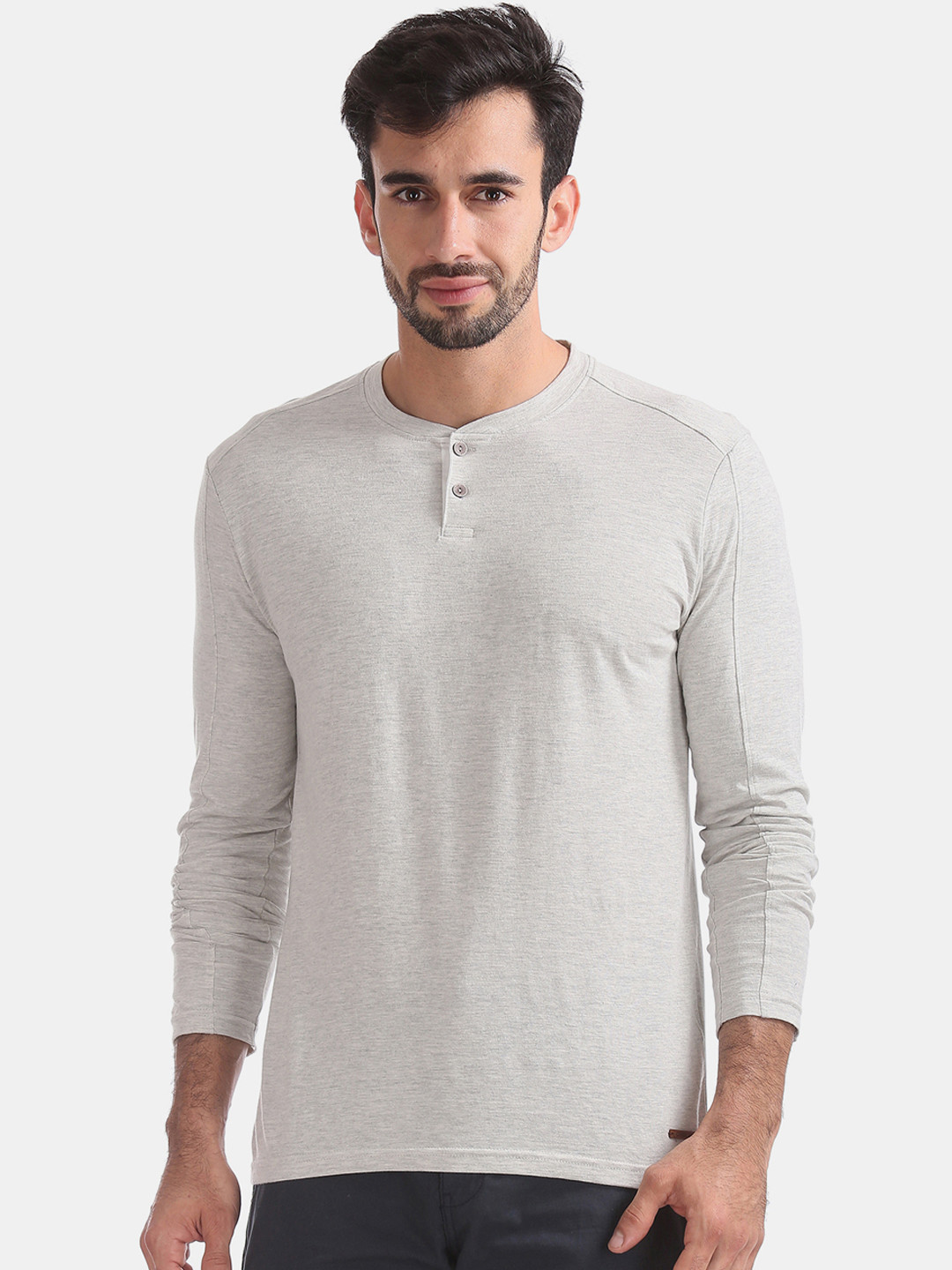 

Cherokee Men Off-White Solid Mandarin Collar T-shirt