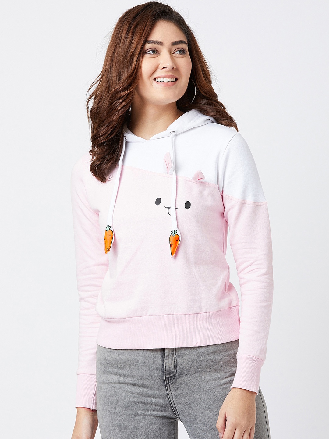 

The Dry State Women Pink & White Colourblocked Hooded Sweatshirt