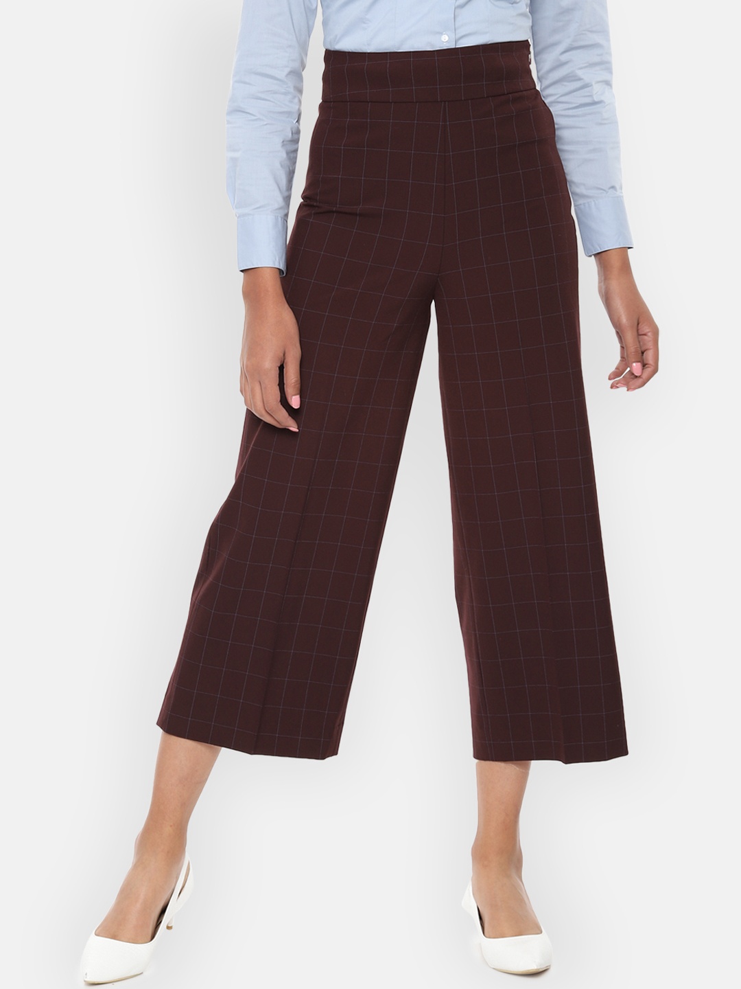 

Van Heusen Woman Maroon & Off-White Checked Regular Fit Parallel Trousers