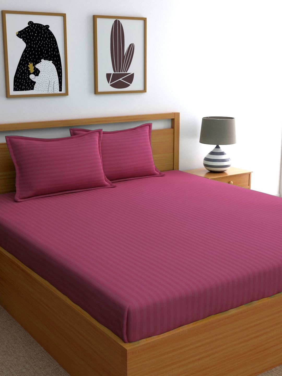 

Dreamscape Magenta Striped 220 TC Cotton 1 Queen Bedsheet with 2 Pillow Covers