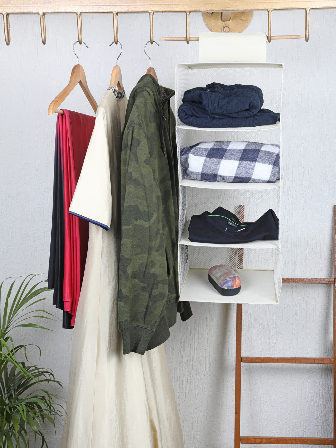 

My Gift Booth Cream-Coloured Solid Foldable Mesh Wardrobe Organiser