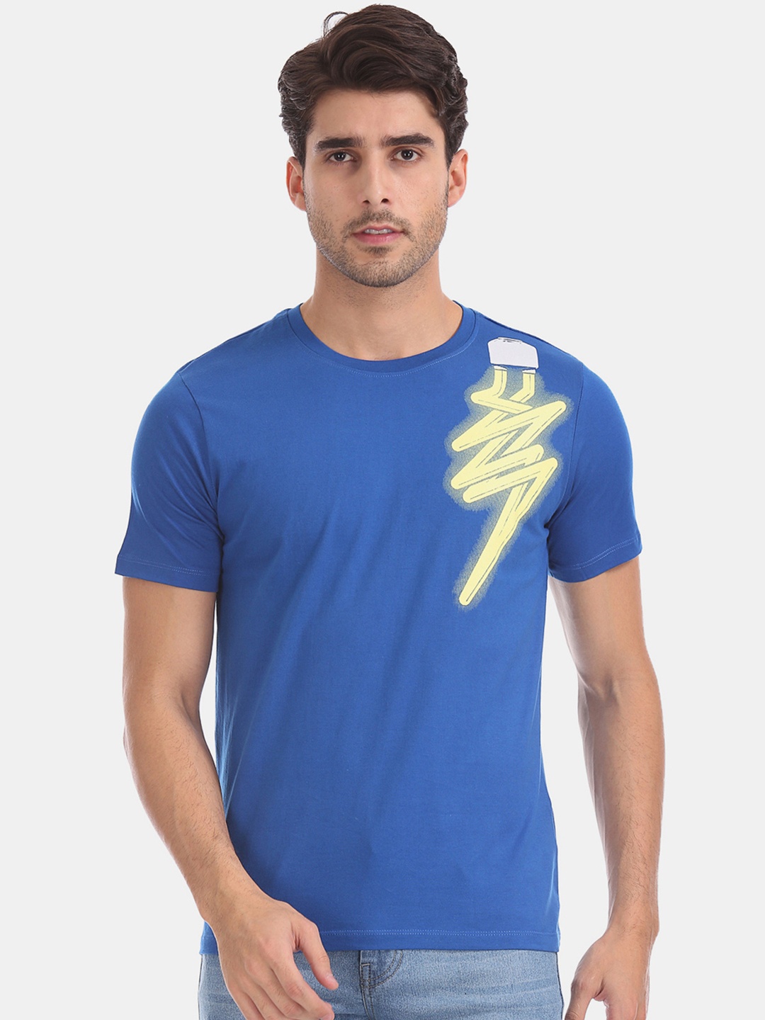 

Colt Men Blue Printed Round Neck Pure Cotton T-shirt