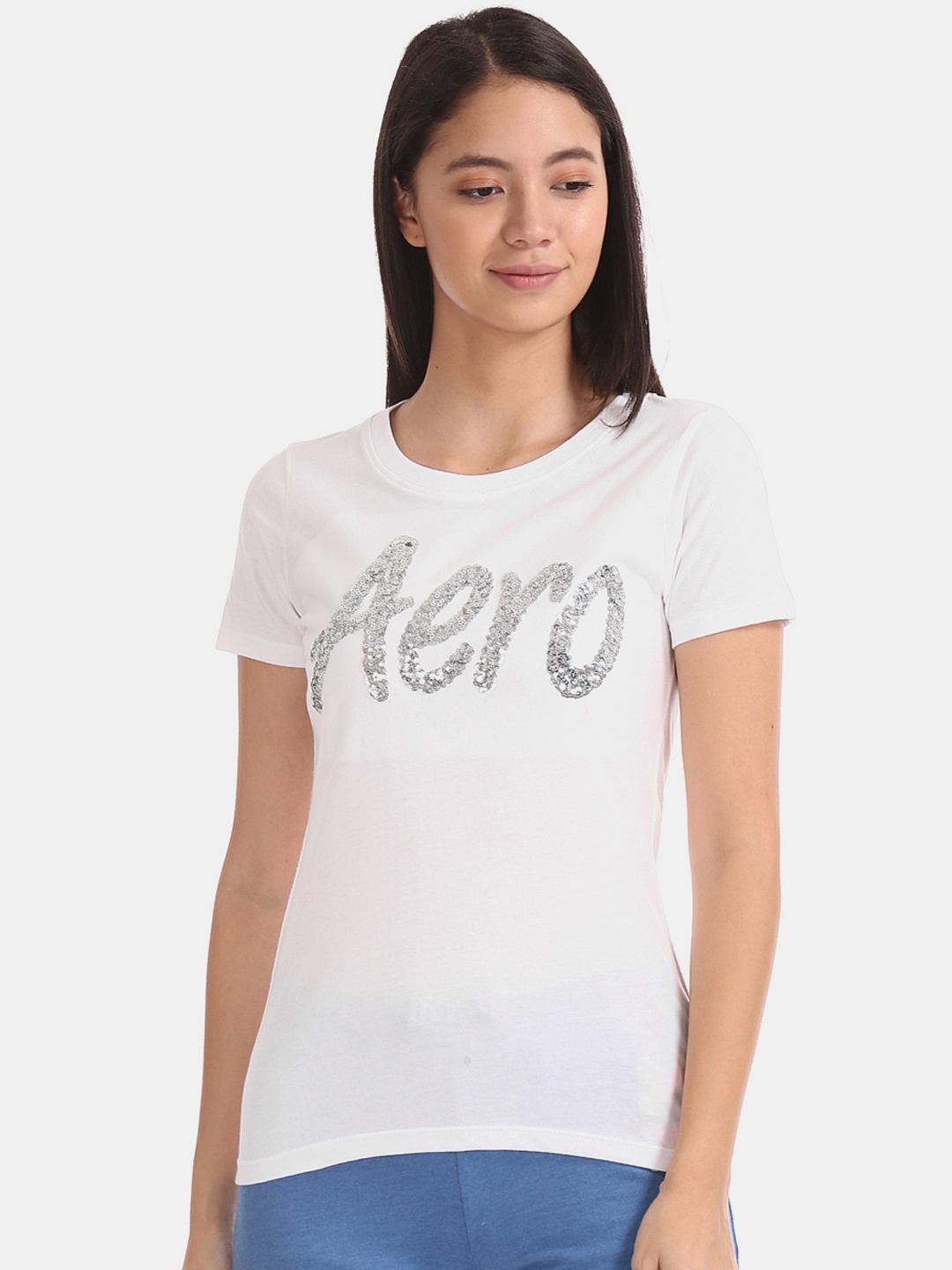

Aeropostale Women White Printed Round Neck Pure Cotton T-shirt