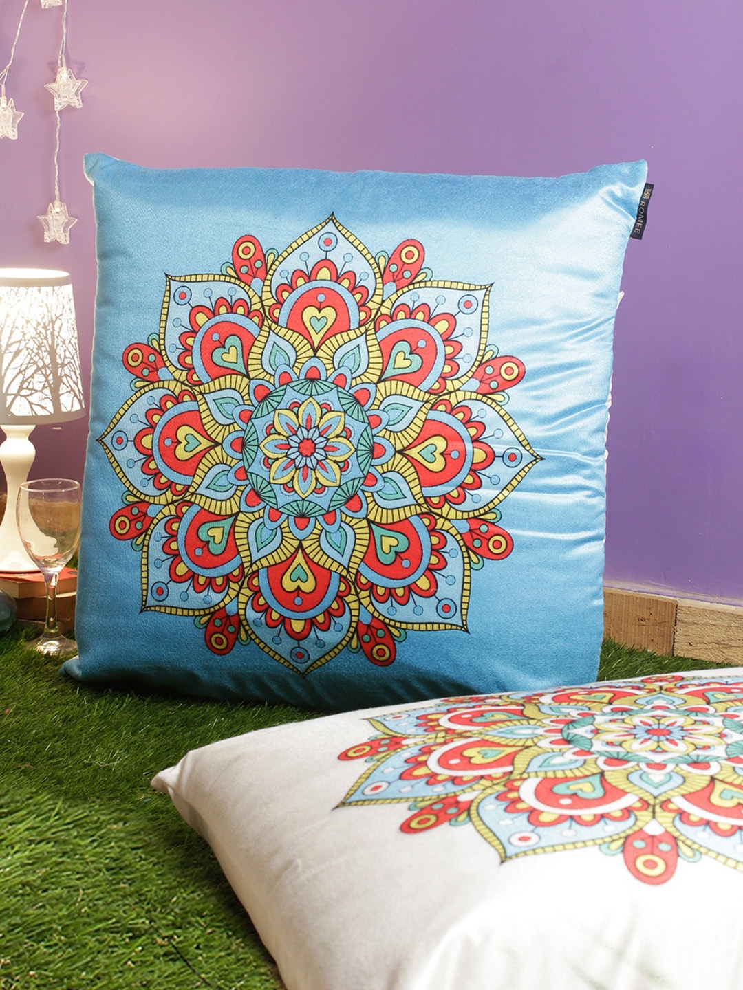 

ROMEE Blue & White Set of 2 Ethnic Motifs Square Cushion Covers With Velvet Finish
