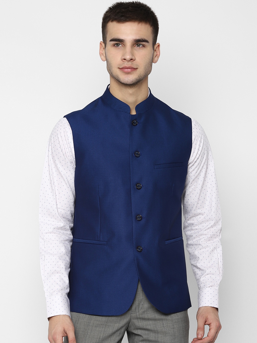 

Allen Solly Men Navy Blue Woven Design Nehru Jacket