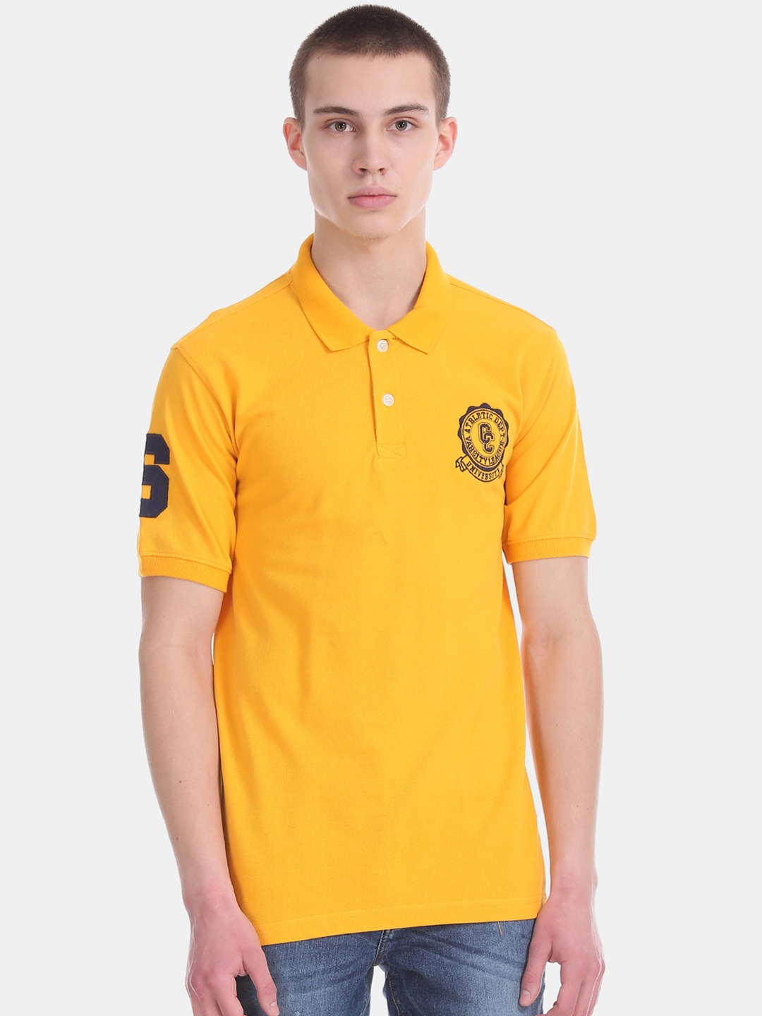Colt Men Yellow Solid Polo Collar Pure Cotton T-shirt