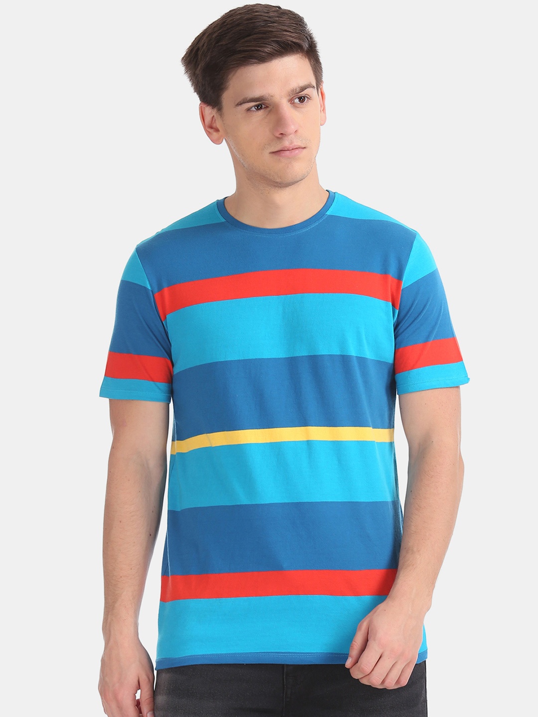 

Colt Men Blue Striped Round Neck Pure Cotton T-shirt