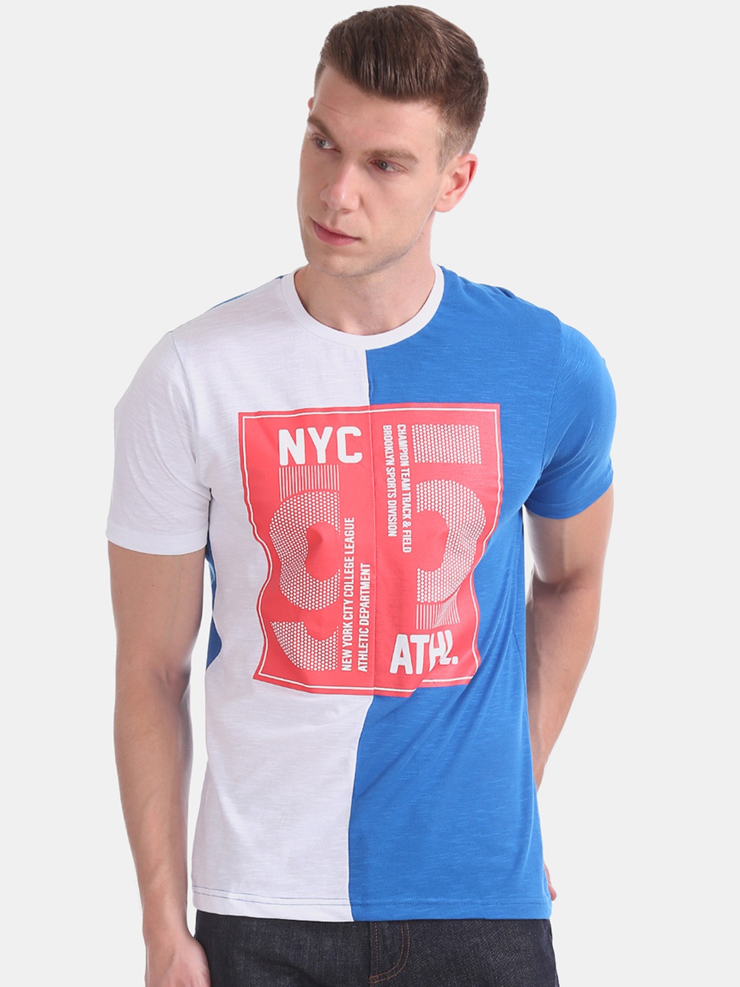 

Colt Men Blue Printed Round Neck Pure Cotton T-shirt