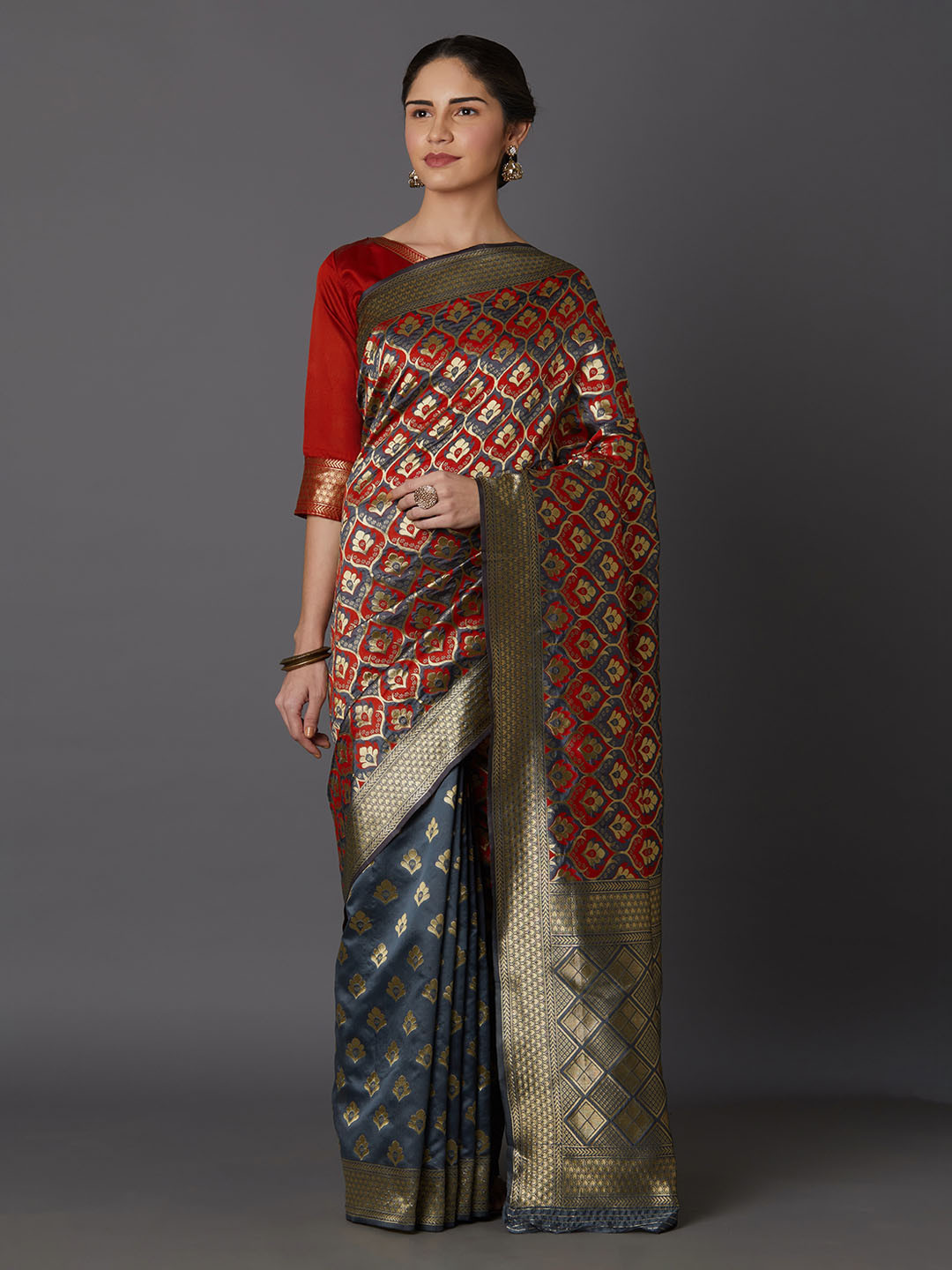 

Mitera Grey & Red Silk Blend Woven Design Kanjeevaram Saree