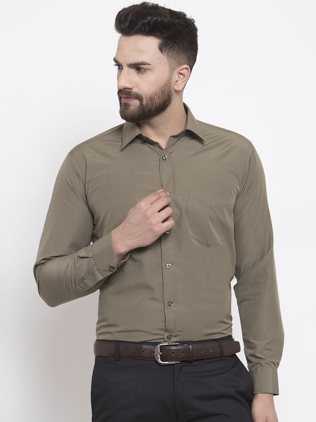 

English Navy Men Olive Green Slim Fit Formal Shirt